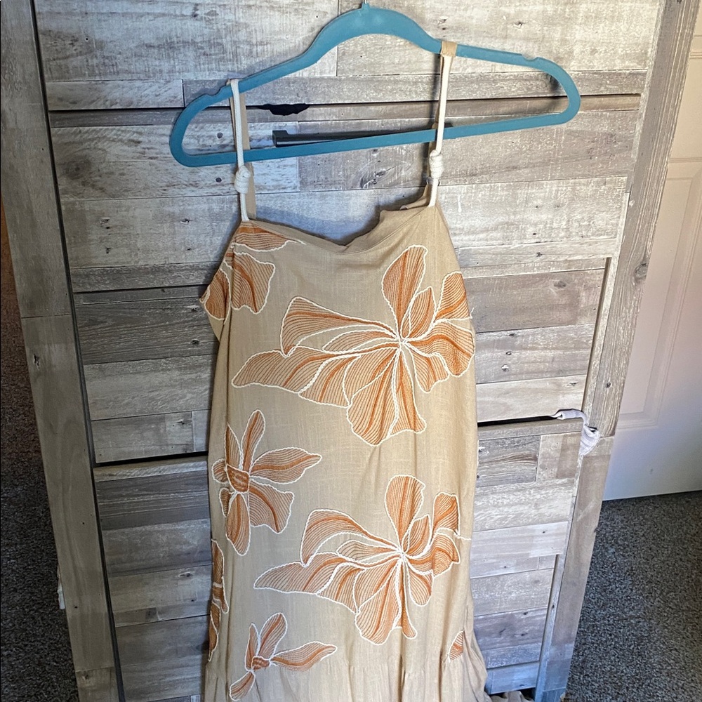 Very Moda Strapless Beige Dress with Orange Floral Design